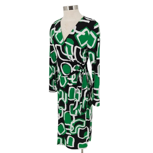 CATO Wrap Midi Dress Fern Green Retro Print Long Sleeve V Neck Tie Medium - Picture 3 of 7